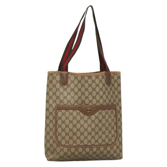 GUCCI GG Supreme Web Sherry Line Tote Bag PVC Beige Red 39 02 003 Auth 140094 - Picture 1 of 16